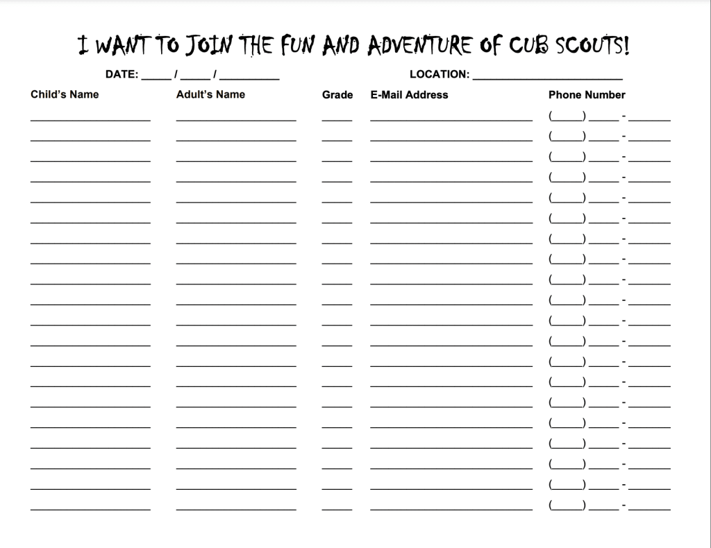 Cub Scout Recruitment Sign-In Sheet