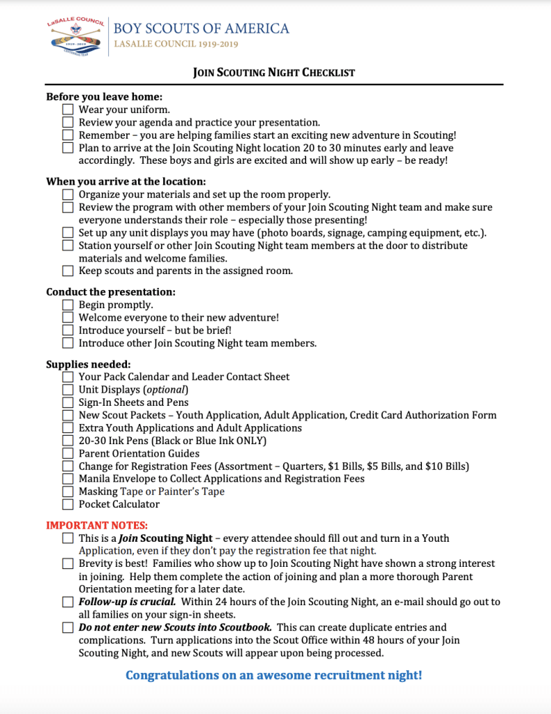 Join Scouting Night Checklist