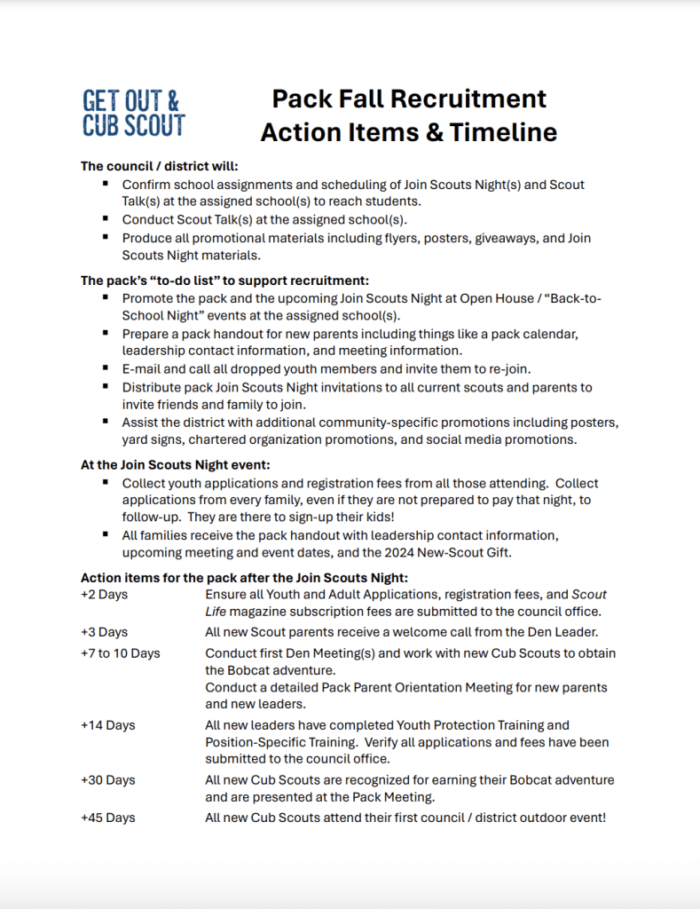 Pack Fall Recruitment Action Items & Timeline